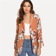 Load image into Gallery viewer, SHEIN Khaki Drawstring Sleeve Floral Print Coat Office Ladies Long Sleeve Waterfall Outerwear Women Autumn Workwear Clothes - Gabriel