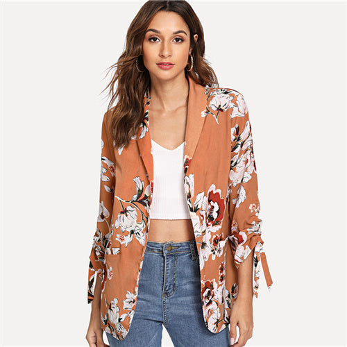 SHEIN Khaki Drawstring Sleeve Floral Print Coat Office Ladies Long Sleeve Waterfall Outerwear Women Autumn Workwear Clothes - Gabriel