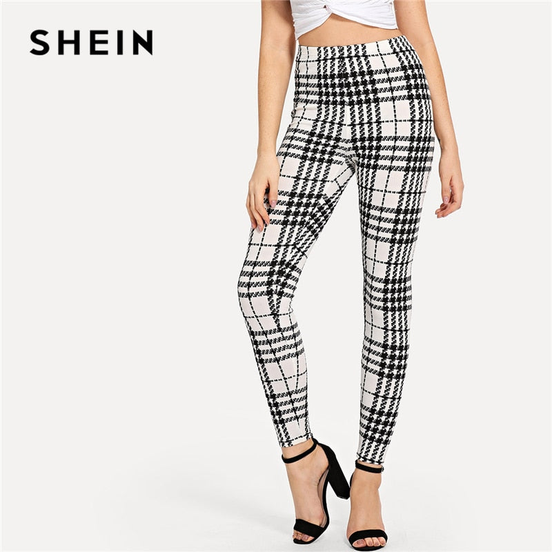 SHEIN Black And White Office Lady Highstreet Plaid Skinny High Waist Casual Leggings Summer Women Elegant Leggings Trousers - Gabriel