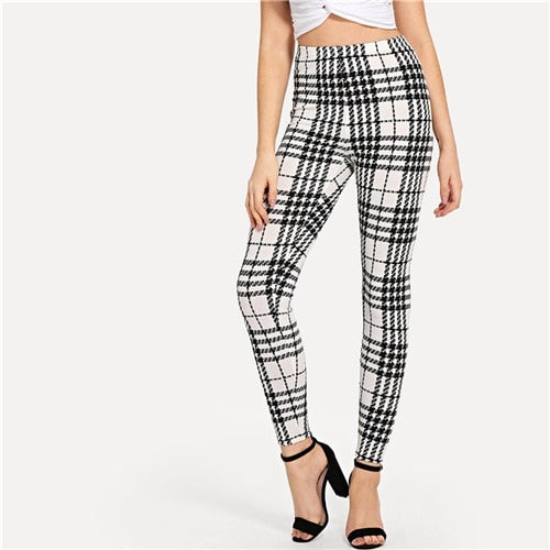 SHEIN Black And White Office Lady Highstreet Plaid Skinny High Waist Casual Leggings Summer Women Elegant Leggings Trousers - Gabriel