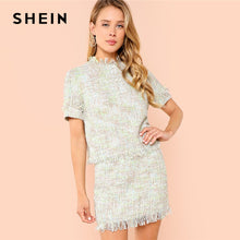 Load image into Gallery viewer, SHEIN Multicolor Highstreet Office Lady Fringe Detail Tweed Stand Collar Top And Skirt Set Summer Elegant Workwear Two Piece Set - Gabriel