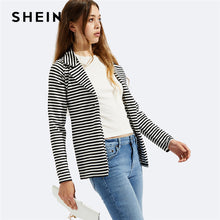 Load image into Gallery viewer, SHEIN Black and White Notch Collar Striped Blazer Office Ladies Single Button Workwear Women Autumn Long Sleeve Slim Fit Coat - Gabriel