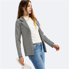 Load image into Gallery viewer, SHEIN Black and White Notch Collar Striped Blazer Office Ladies Single Button Workwear Women Autumn Long Sleeve Slim Fit Coat - Gabriel