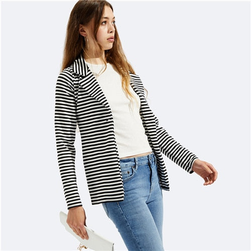 SHEIN Black and White Notch Collar Striped Blazer Office Ladies Single Button Workwear Women Autumn Long Sleeve Slim Fit Coat - Gabriel