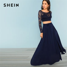 Load image into Gallery viewer, SHEIN Blue Elegant Highstreet Crop Lace Round Neck Long Sleeve Top And Knot Maxi Skirt Set Autumn Women Party Solid Two Piece - Gabriel