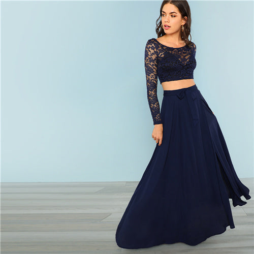 SHEIN Blue Elegant Highstreet Crop Lace Round Neck Long Sleeve Top And Knot Maxi Skirt Set Autumn Women Party Solid Two Piece - Gabriel
