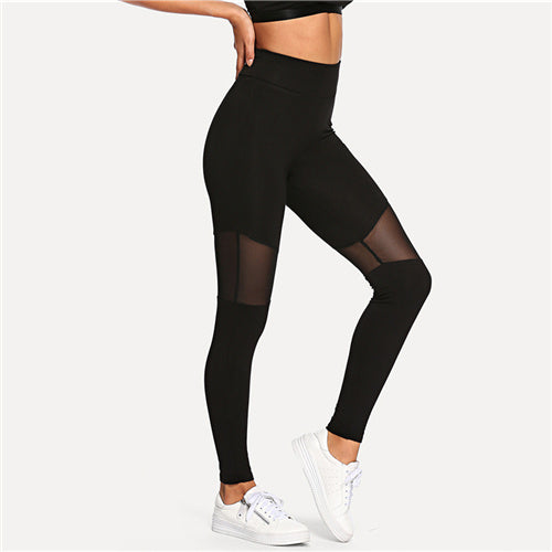 SHEIN Black Casual Sexy Contrast Mesh Contrast Skinny Solid Leggings Summer Women Trousers - Gabriel