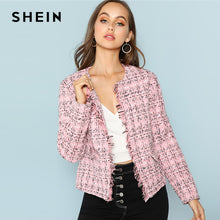 Load image into Gallery viewer, SHEIN Multicolor Elegant Office Lady Frayed Edge Plaid Tweed Blazer 2018 New Fashion Autumn Highstreet Women Outwear - Gabriel