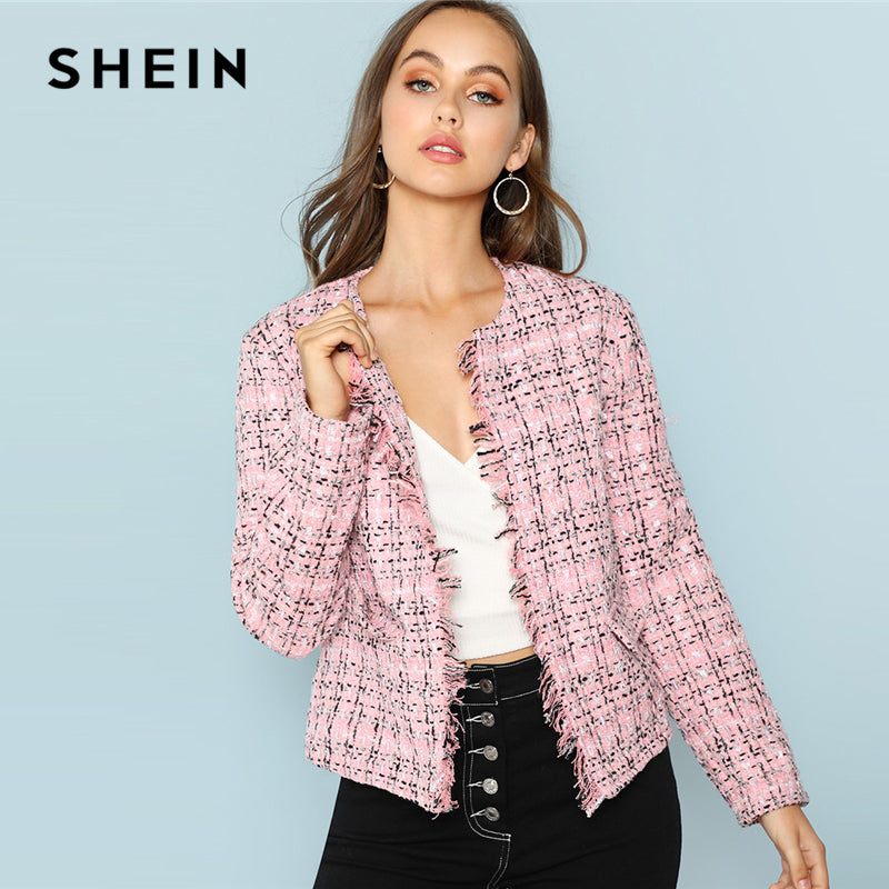 SHEIN Multicolor Elegant Office Lady Frayed Edge Plaid Tweed Blazer 2018 New Fashion Autumn Highstreet Women Outwear - Gabriel