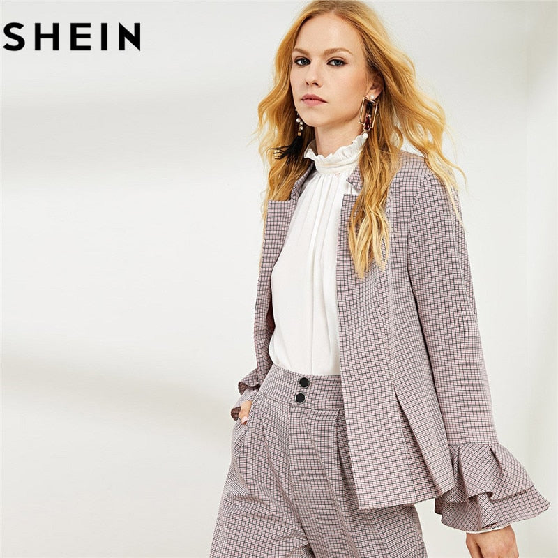 SHEIN Black And White Plaid Blazer With Tassel Hem Plaid Tweed Short Skirt Women Two Piece Set 2018 Autumn Office Lady Outfits - Gabriel