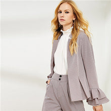Load image into Gallery viewer, SHEIN Black And White Plaid Blazer With Tassel Hem Plaid Tweed Short Skirt Women Two Piece Set 2018 Autumn Office Lady Outfits - Gabriel