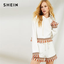 Load image into Gallery viewer, SHEIN White Autumn Casual Tassel Sweatshirt Hooded Tops 2018 Long Sleeve Fringe Trim Hoodie &amp; Shorts Two Piece Set - Gabriel