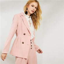 Load image into Gallery viewer, SHEIN Pink Notch Collar Blazer With Wide Leg Pants Womens Two Piece Outfits Elegant Double Breasted Long Blazer And Pants Set - Gabriel