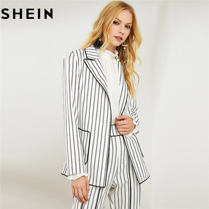 SHEIN Black And White Striped Long Blazer With Wide Leg Pants Women Two Piece Set Autumn Office Lady Blazer With Pants Outfits - Gabriel