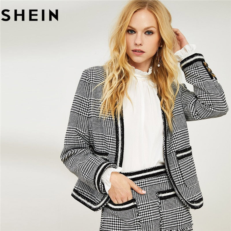 SHEIN Black And White Plaid Blazer With Tassel Hem Plaid Tweed Short Skirt Women Two Piece Set 2018 Autumn Office Lady Outfits - Gabriel