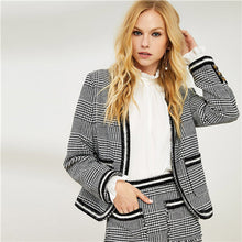 Load image into Gallery viewer, SHEIN Black And White Plaid Blazer With Tassel Hem Plaid Tweed Short Skirt Women Two Piece Set 2018 Autumn Office Lady Outfits - Gabriel