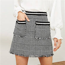 Load image into Gallery viewer, SHEIN Black And White Plaid Blazer With Tassel Hem Plaid Tweed Short Skirt Women Two Piece Set 2018 Autumn Office Lady Outfits - Gabriel