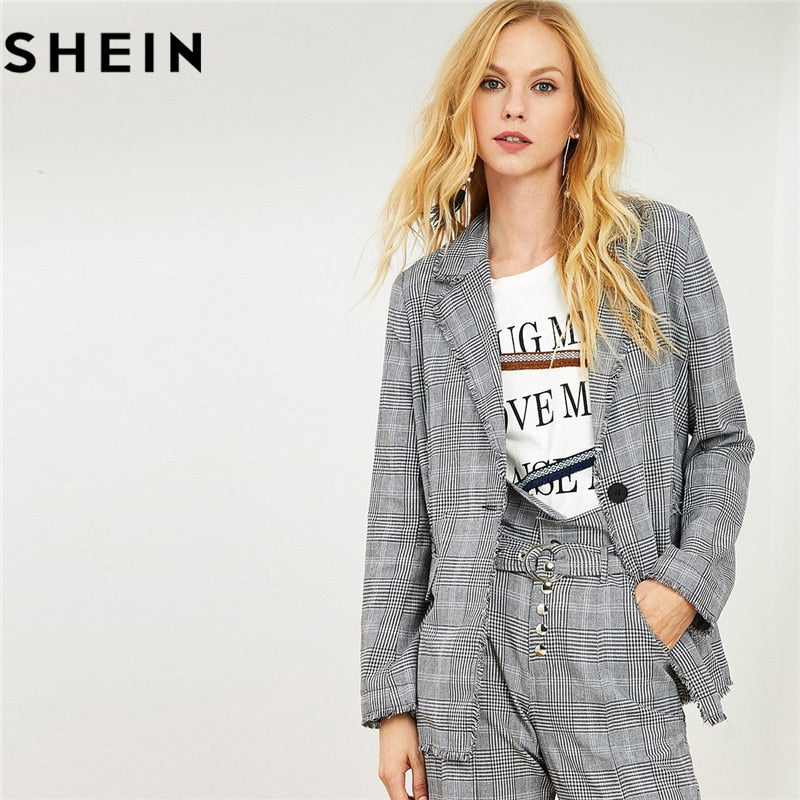 SHEIN Plaid Frayed Edge Houndstooth Tweed Long Blazer With Straight Leg Pants Office Lady Two Piece Set 2018 Autumn Women Set - Gabriel