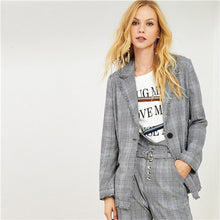 Load image into Gallery viewer, SHEIN Plaid Frayed Edge Houndstooth Tweed Long Blazer With Straight Leg Pants Office Lady Two Piece Set 2018 Autumn Women Set - Gabriel
