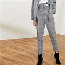 Load image into Gallery viewer, SHEIN Plaid Frayed Edge Houndstooth Tweed Long Blazer With Straight Leg Pants Office Lady Two Piece Set 2018 Autumn Women Set - Gabriel