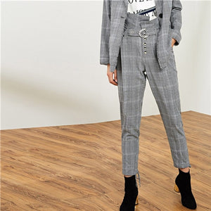 SHEIN Plaid Frayed Edge Houndstooth Tweed Long Blazer With Straight Leg Pants Office Lady Two Piece Set 2018 Autumn Women Set - Gabriel