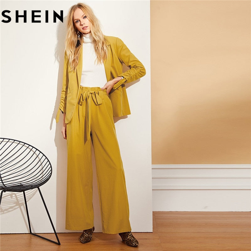 SHEIN Women Yellow Drawstring Sleeve Blazer And Wide Leg Pants Office Lady Shawl Collar Blazer With Belted Pant Two Piece Sets - Gabriel