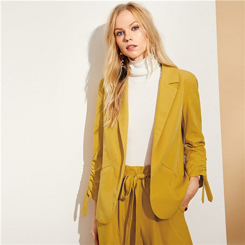 SHEIN Women Yellow Drawstring Sleeve Blazer And Wide Leg Pants Office Lady Shawl Collar Blazer With Belted Pant Two Piece Sets - Gabriel
