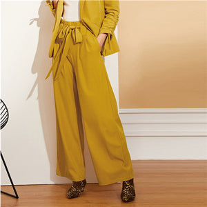 SHEIN Women Yellow Drawstring Sleeve Blazer And Wide Leg Pants Office Lady Shawl Collar Blazer With Belted Pant Two Piece Sets - Gabriel