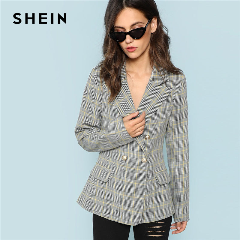 SHEIN Black and White Single Breasted Plaid Print Outerwear Workwear Long Sleeve Coats Women Autumn Elegant OL Work Clothes - Gabriel