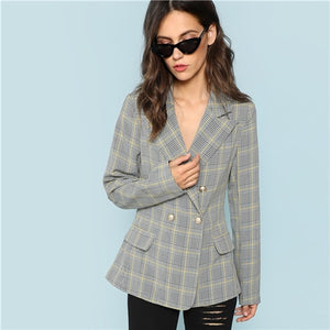 SHEIN Black and White Single Breasted Plaid Print Outerwear Workwear Long Sleeve Coats Women Autumn Elegant OL Work Clothes - Gabriel