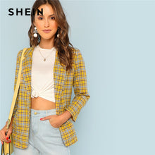 Load image into Gallery viewer, SHEIN Yellow Office Lady Elegant Notch Collar Pocket Front Plaid Longline Highstreet Blazer 2018 Autumn Women Workwear Outerwear - Gabriel
