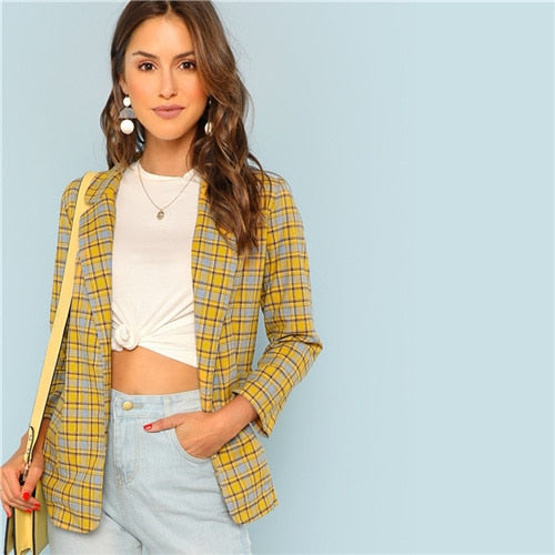 SHEIN Yellow Office Lady Elegant Notch Collar Pocket Front Plaid Longline Highstreet Blazer 2018 Autumn Women Workwear Outerwear - Gabriel