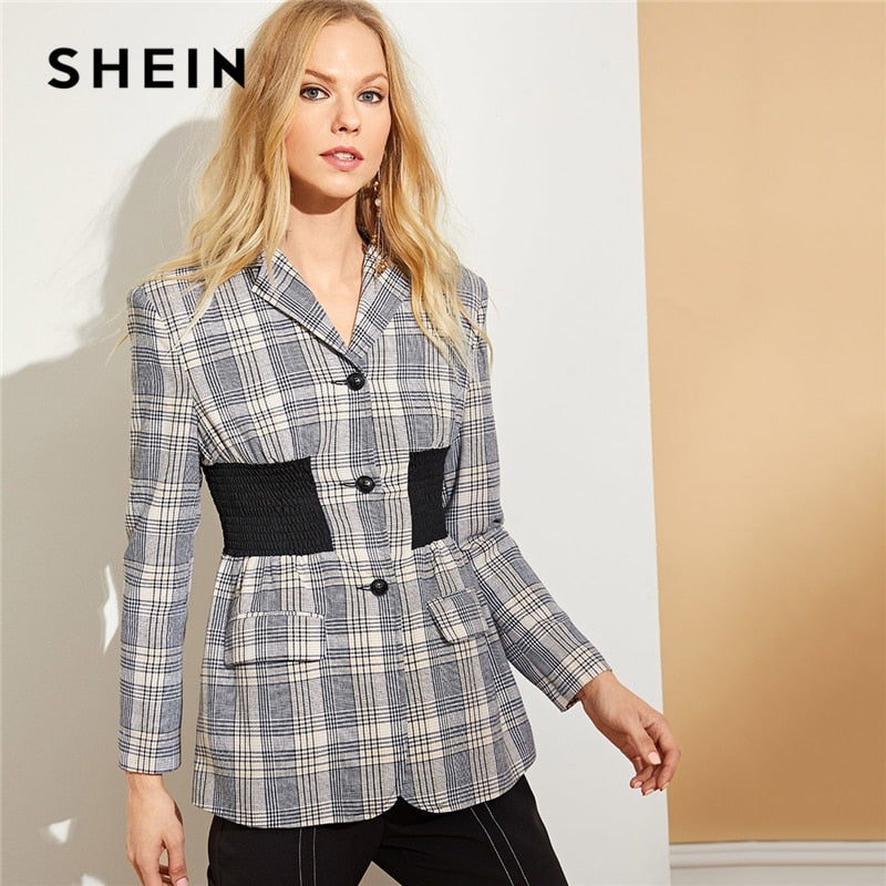 SHEIN Multicolor Office Lady Elegant Contrast Shirred Waist Plaid Single Breasted Blazer 2018 Autumn Minimalist Coat Outerwear - Gabriel