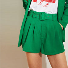 Load image into Gallery viewer, SHEIN Green Long Blazer Mid Waist Belted Shorts Women Two Piece Set 2018 Office Lady Solid Blazer With Wide Leg Shorts Twopiece - Gabriel