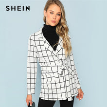 Load image into Gallery viewer, SHEIN Black and White Self Belted Grid Print Notched Coat Elegant Workwear Plaid Long Sleeve Outerwear Women Autumn Clothes - Gabriel