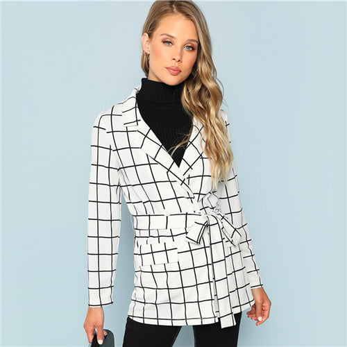 SHEIN Black and White Self Belted Grid Print Notched Coat Elegant Workwear Plaid Long Sleeve Outerwear Women Autumn Clothes - Gabriel