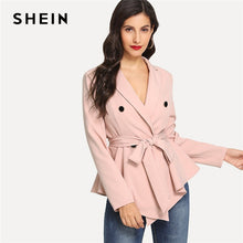 Load image into Gallery viewer, SHEIN Pink Office Lady Highstreet Asymmetric Peplum Double Button Belted Solid Blazer 2018 Autumn Elegant Women Coats Outerwear - Gabriel