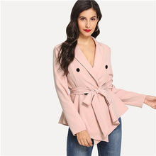 Load image into Gallery viewer, SHEIN Pink Office Lady Highstreet Asymmetric Peplum Double Button Belted Solid Blazer 2018 Autumn Elegant Women Coats Outerwear - Gabriel