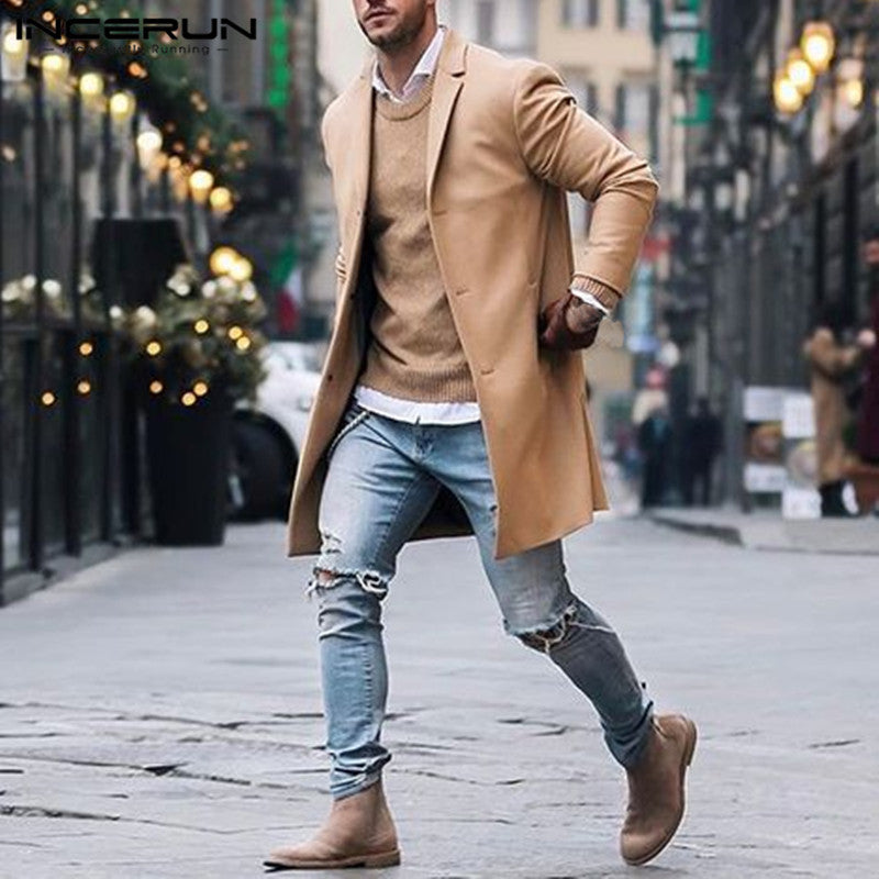 Fashion Winter Men's Trench Long Jackets Coats Overcoat Classic Jackets Solid Slim Fit Outwear Hombre Men Clothes Khaki Black - Gabriel