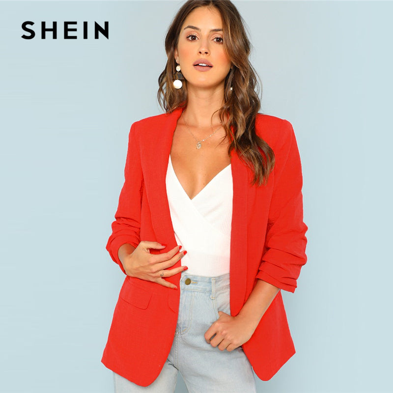 SHEIN Red Shawl Collar Longline Single Breasted Pocket Office Lady Solid Blazer 2018 Autumn Elegant Women Coat And Outwear - Gabriel