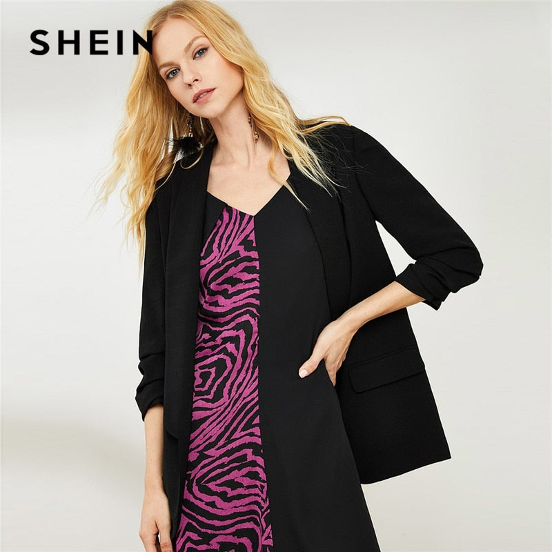 SHEIN Black Office Lady Elegant Shawl Collar Pocket Solid Workwear Blazer 2018 New Autumn Highstreet Women Coat And Outerwear - Gabriel