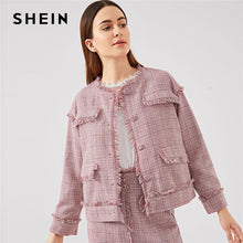 Load image into Gallery viewer, SHEIN Pink Office Lady Frayed Edge Trim Button Up Plaid Single Breasted Highstreet Jacket Autumn Elegant Women Coat Outerwear - Gabriel