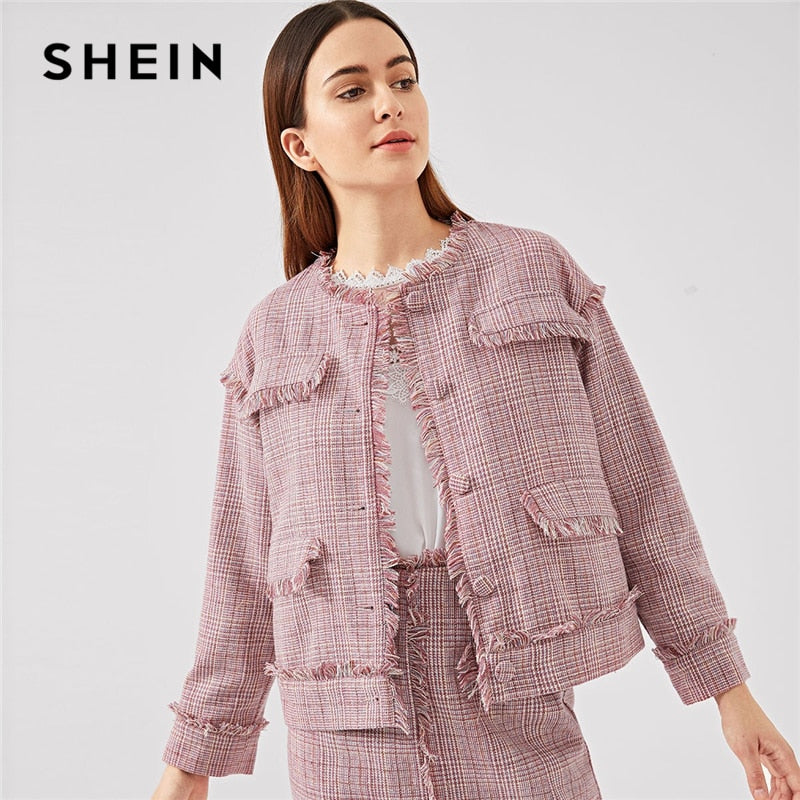 SHEIN Pink Office Lady Frayed Edge Trim Button Up Plaid Single Breasted Highstreet Jacket Autumn Elegant Women Coat Outerwear - Gabriel