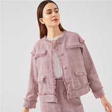 Load image into Gallery viewer, SHEIN Pink Office Lady Frayed Edge Trim Button Up Plaid Single Breasted Highstreet Jacket Autumn Elegant Women Coat Outerwear - Gabriel