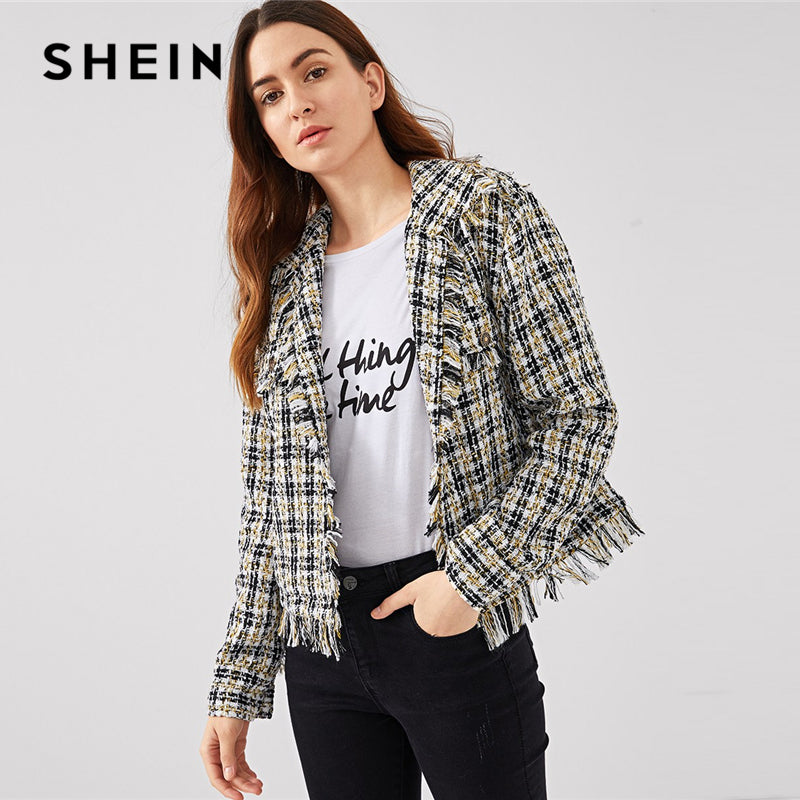 SHEIN Black and White Plaid Frayed Trim Tweed Blazer Elegant Casual Long Sleeve Fringe Outwear Women Autumn Modern Lady Coats - Gabriel