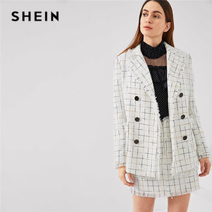 SHEIN Black And White Double Breasted Frayed Tweed Blazer With Frayed Trim Plaid Tweed Skirt Autumn Office Lady Two Pieces Set - Gabriel