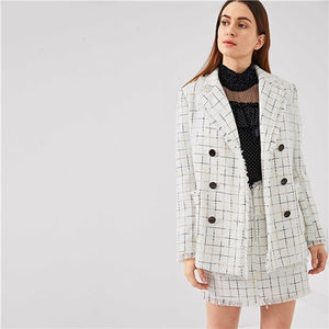 SHEIN Black And White Double Breasted Frayed Tweed Blazer With Frayed Trim Plaid Tweed Skirt Autumn Office Lady Two Pieces Set - Gabriel