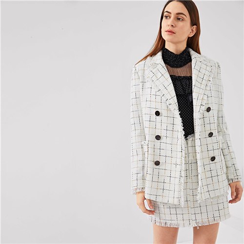 SHEIN Black And White Double Breasted Frayed Tweed Blazer With Frayed Trim Plaid Tweed Skirt Autumn Office Lady Two Pieces Set - Gabriel