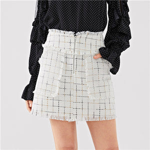 SHEIN Black And White Double Breasted Frayed Tweed Blazer With Frayed Trim Plaid Tweed Skirt Autumn Office Lady Two Pieces Set - Gabriel