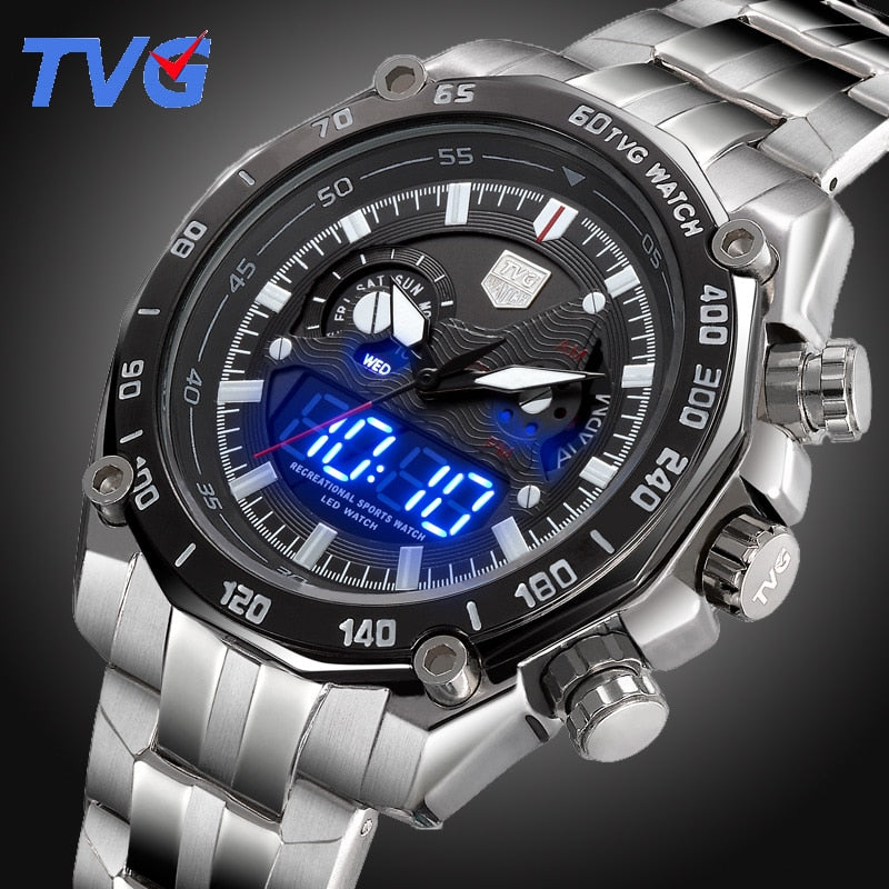TVG Top Luxury Brand Men Full Steel Watches Men's Quartz Analog Digital LED Clock Man Fashion Sports Army Military Wrist Watch - Gabriel